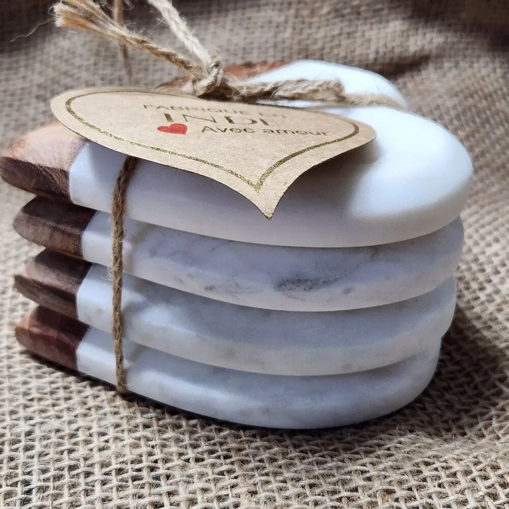 Coasters Handmade Heart Marble and Wood India Boho Farmhouse Rustic Decor 4 NWT